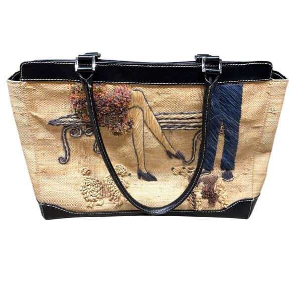 Summer Tompkins Vintage Embroidered Straw Park Scene Handbag - Picture 4 of 10
